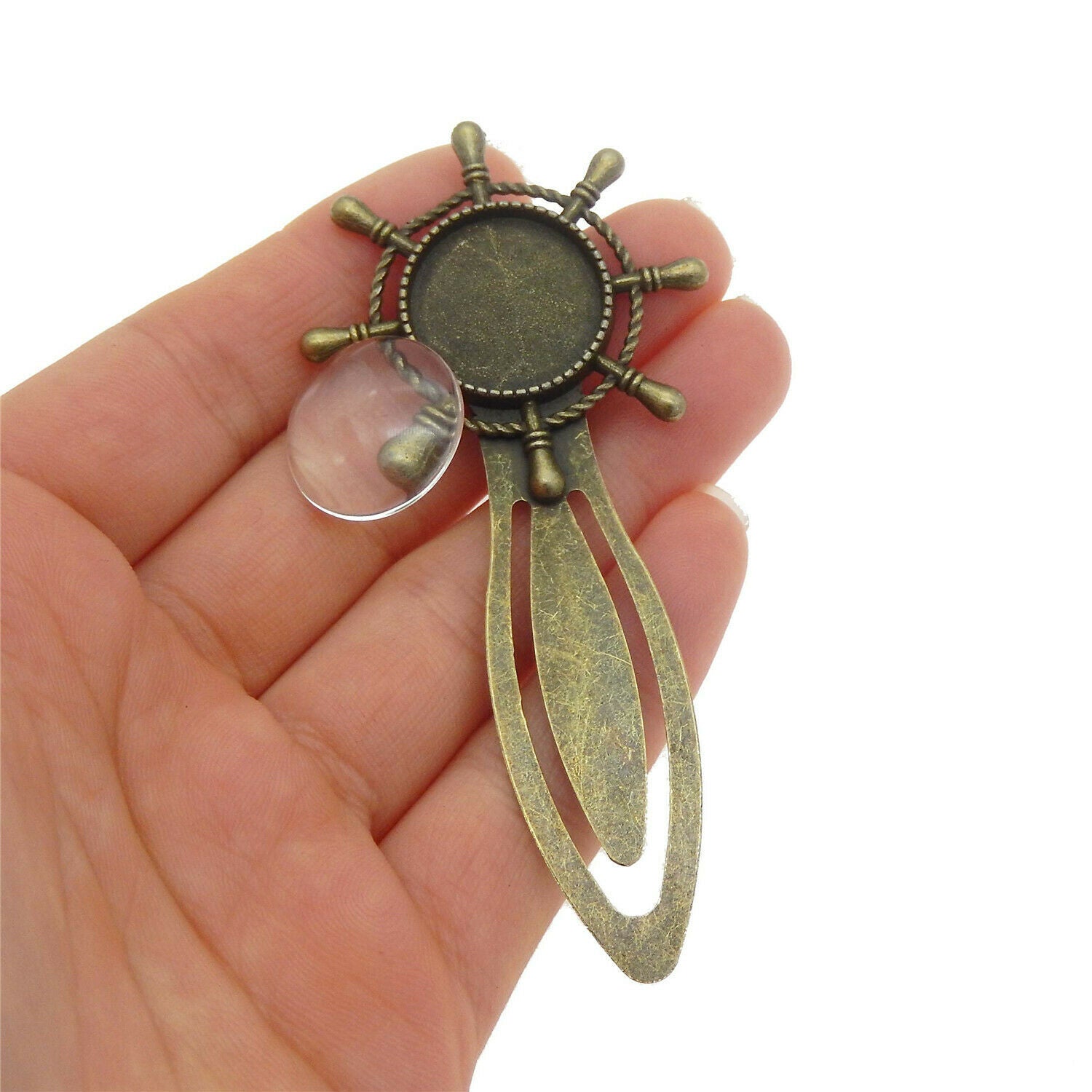 2 sets Antiqued Bronze Metal Bookmark Rudder Blank Bezel with Glass Cameo 18mm