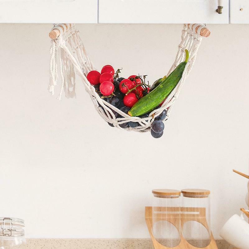 Boho Woven Macrame Fruit Hammock Under Cabinet Wooden Stick Hanging Net Basket