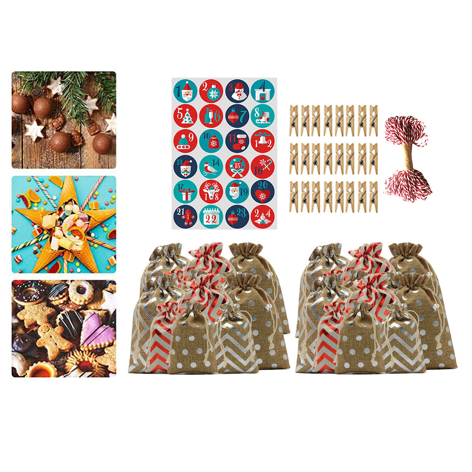 Set of 24 Christmas Advent 24 Days Burlap Countdown Candy Gift Bags 10x14cm