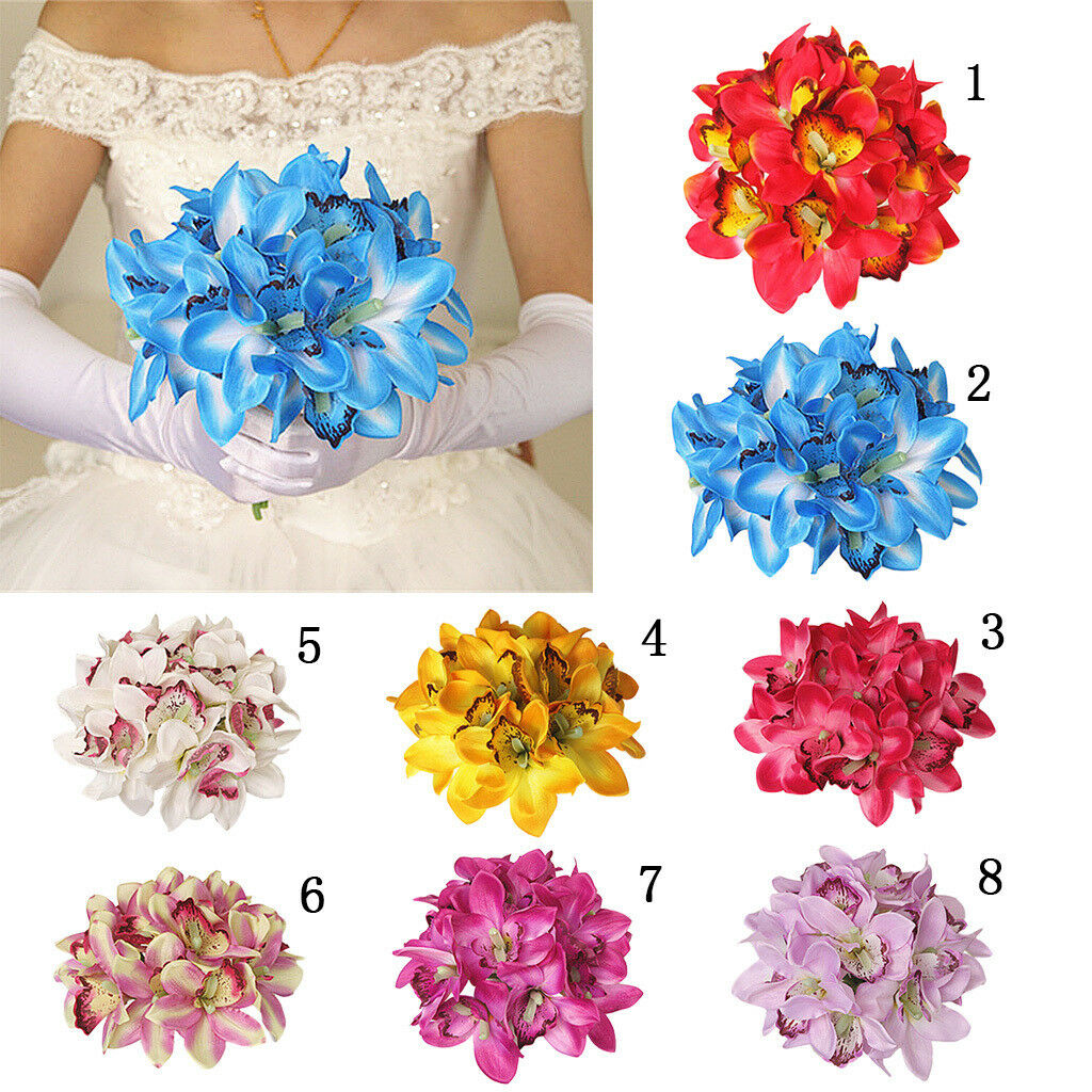 12-Head Artificial Silk Orchid Flower Wedding Decor Bridal Bouquet Party Red