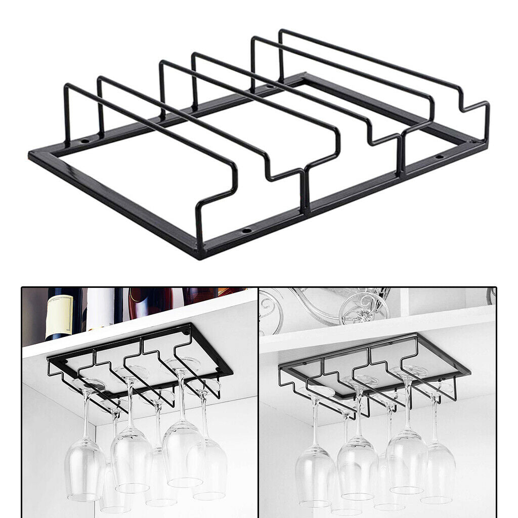 Wine Glass Holder Under Cabinet Metal Rack Glasses Storage 3 Rows Black Iron