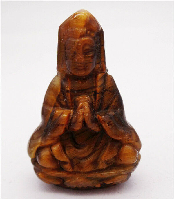 38x26x13mm Natural Tiger Eye Gem Carved Avalokitesvara Decoration Statue HH8095