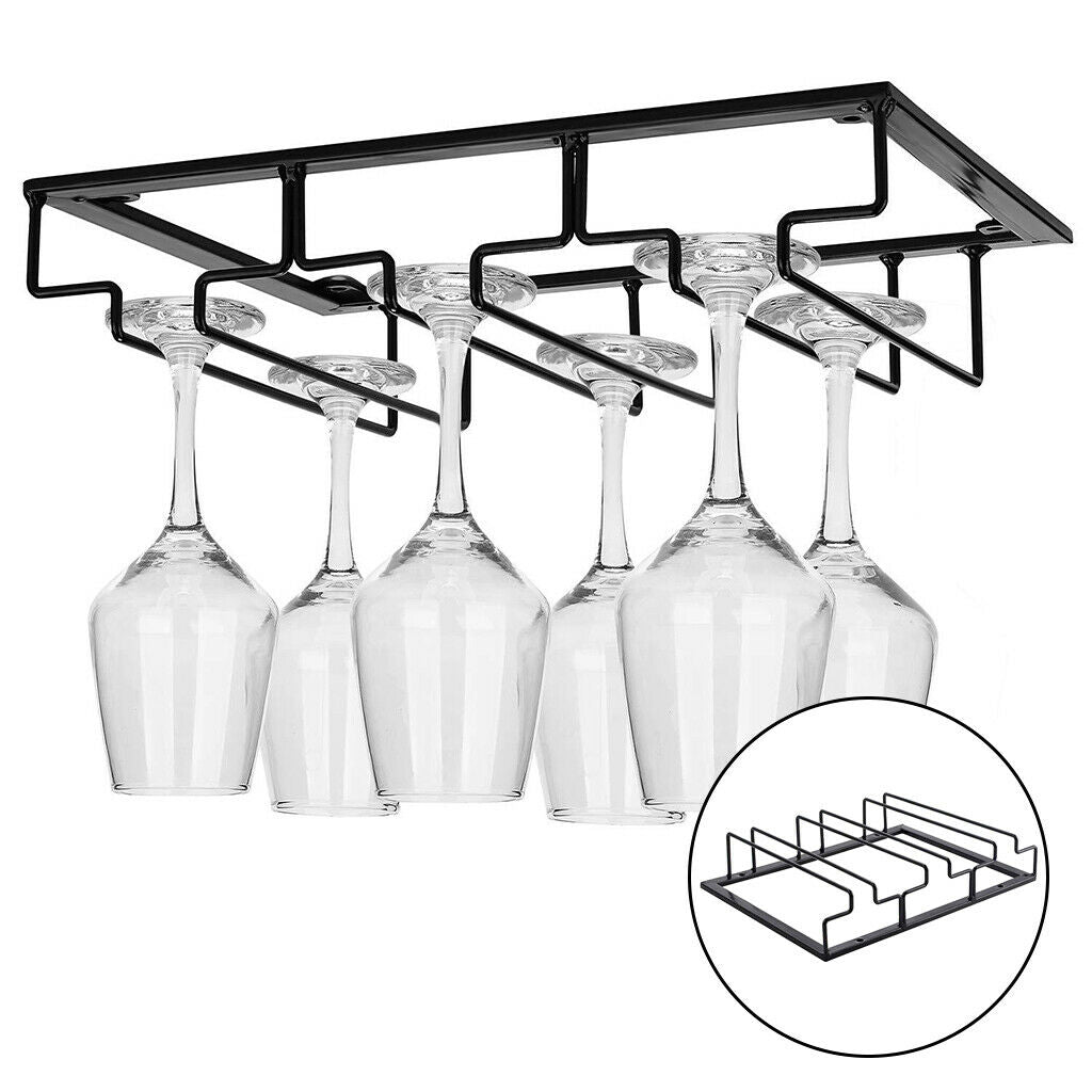 Wine Glass Holder Under Cabinet Metal Rack Glasses Storage 3 Rows Black Iron