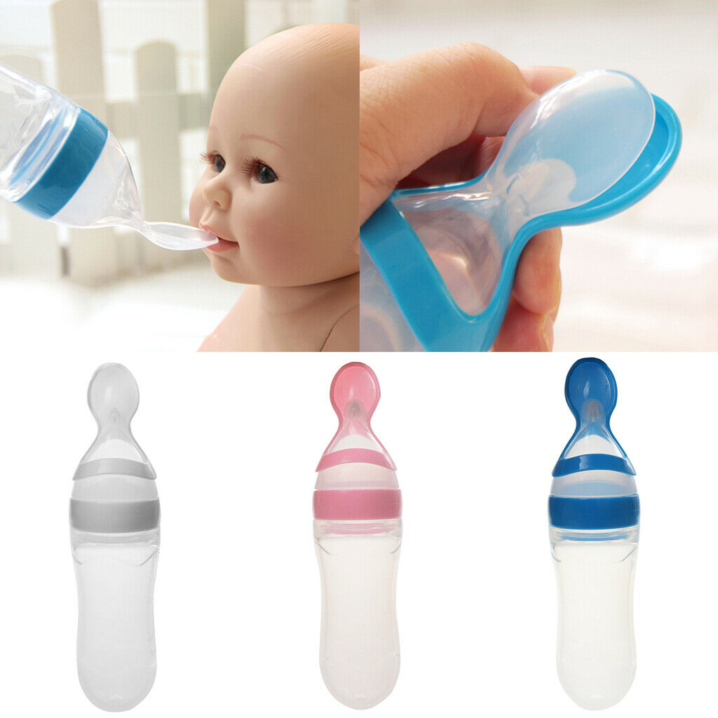 Kids Baby Silicone Feeding With Spoon Feeder Food Bottle+Heat Sensing Spoon