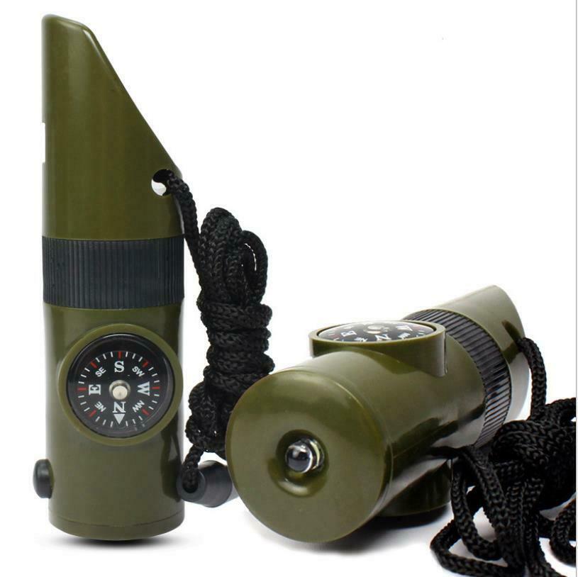 7in1Outdoor Lifesaving Whistle Compass Thermometer LED Flashlight Fire Magnifier