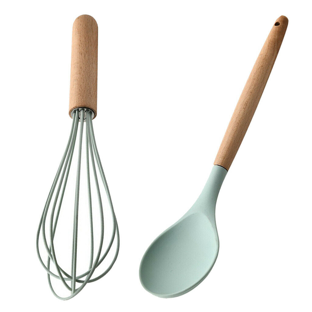 2Pieces Spoon Egg Whisk Cooking Utensil Set Wooden Handle Baking Household