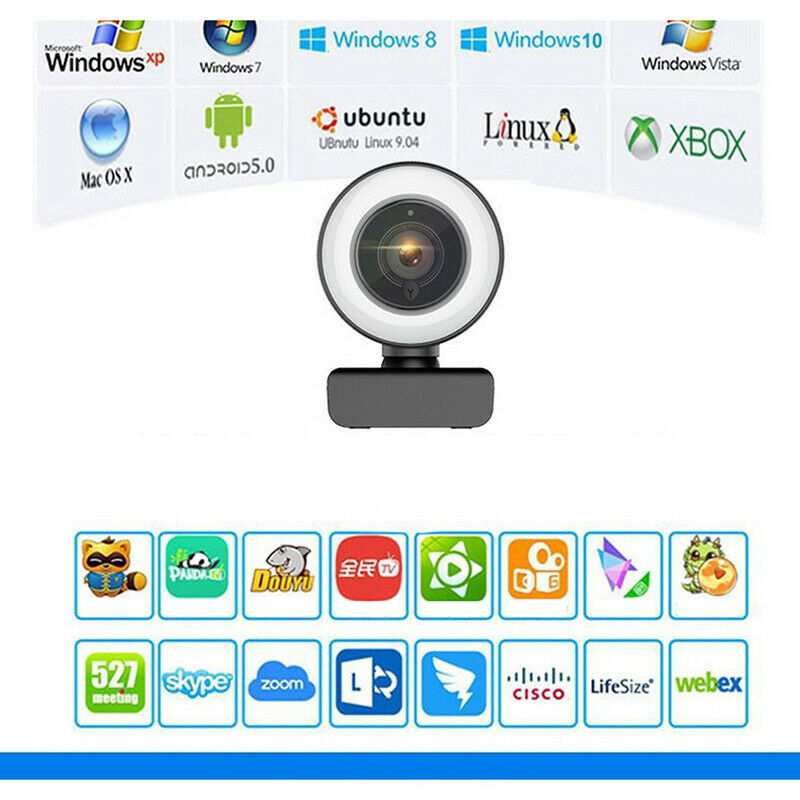 Webcam with LED Ring Fill Light 1080P HD Web Camera Auto Focus 4MP Microphone US