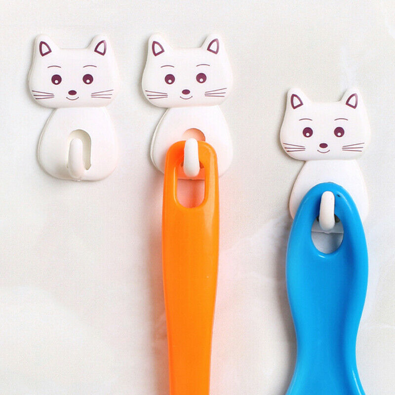 3pcs Self Adhesive Wall Decor Hooks Cute Cat Door Racks Hanger Towel Hold.l8