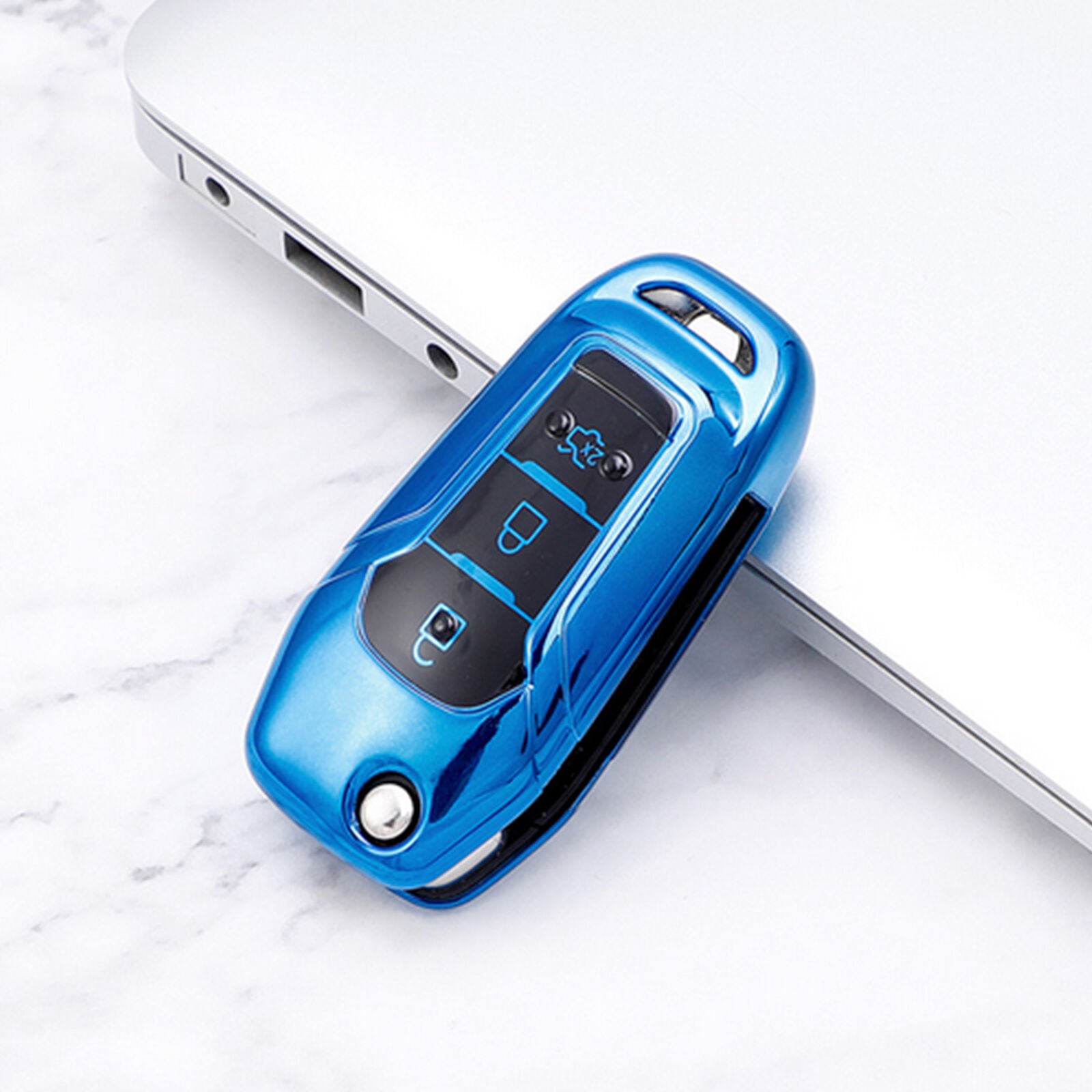 Blue TPU Remote Flip Key Fob Cover 3 Buttons Keychain For FORD F-150 Ranger