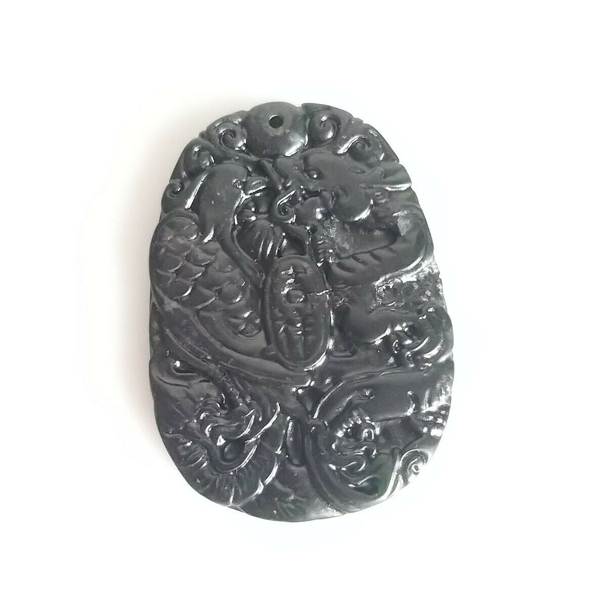 Chinese Black Green Jade Hand Carved Dragon Phoenix Pendant Lucky Amulet Gifts