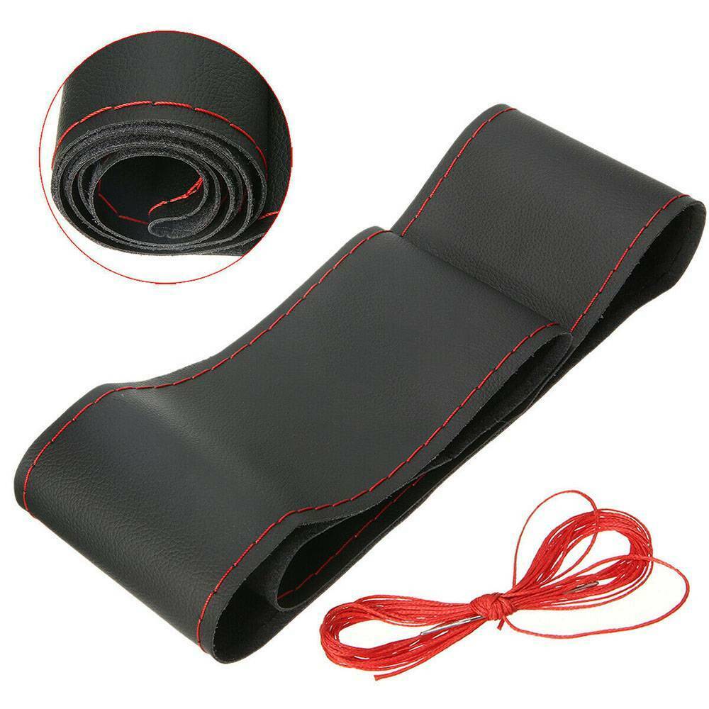 Car Black Red 38cm DIY PU Leather Auto Steering Wheel Cover With Needles&Thread