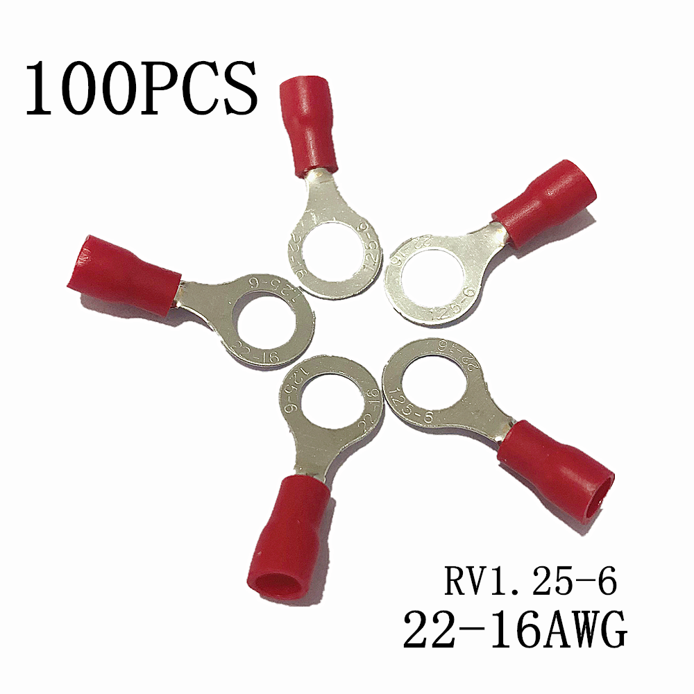100PCS Red Ring Cable Wire crimp Connector terminal block 22-16AWG  RV1.25-6