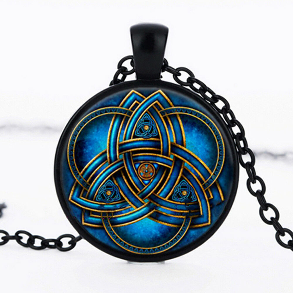 Fashion Blue Celtic Triquetra Glass Black Pendant Necklace Men Woman Jewelry JT