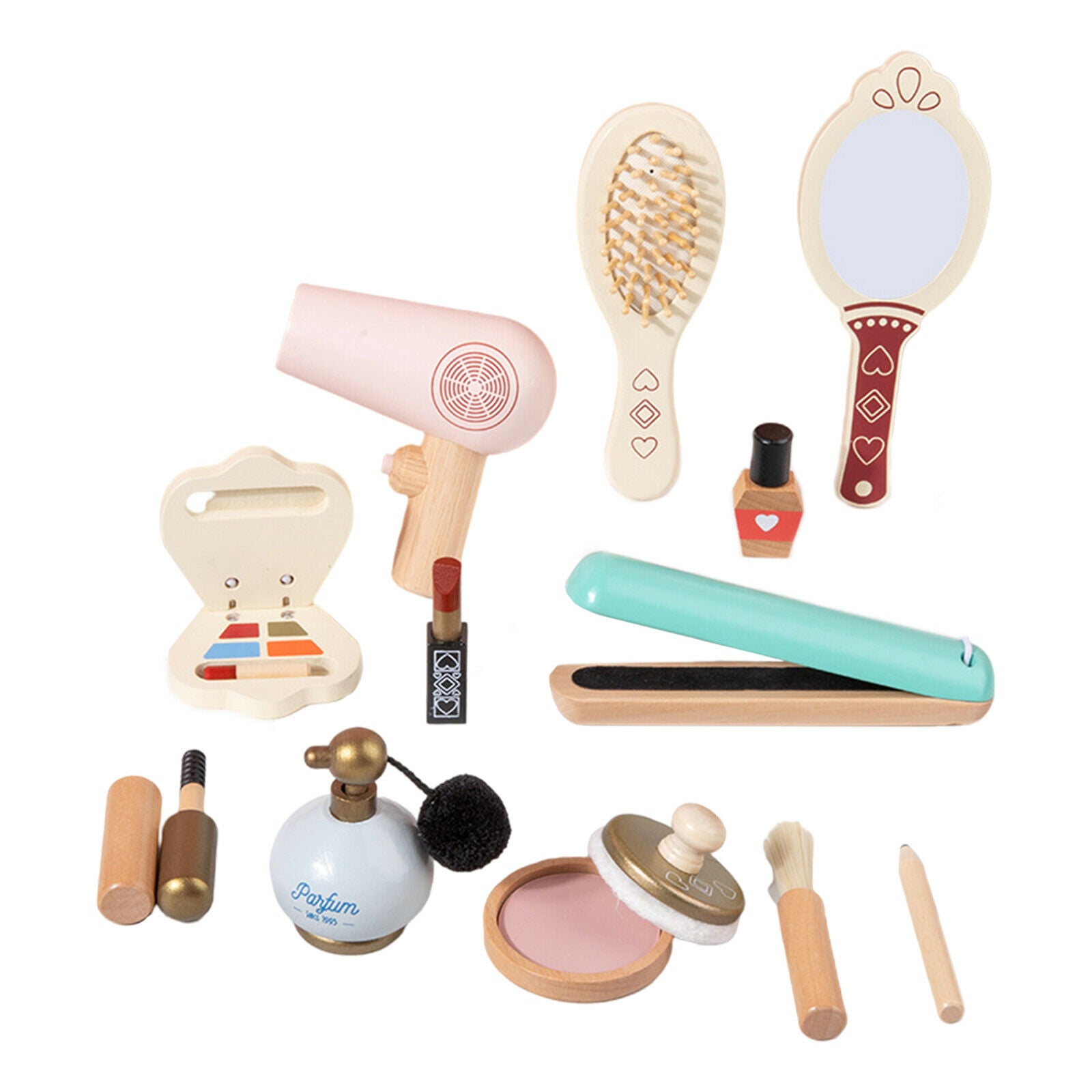 12pcs Wooden Kids Makeup Kit Role Play Curling Iron Brush Perfume Gifts
