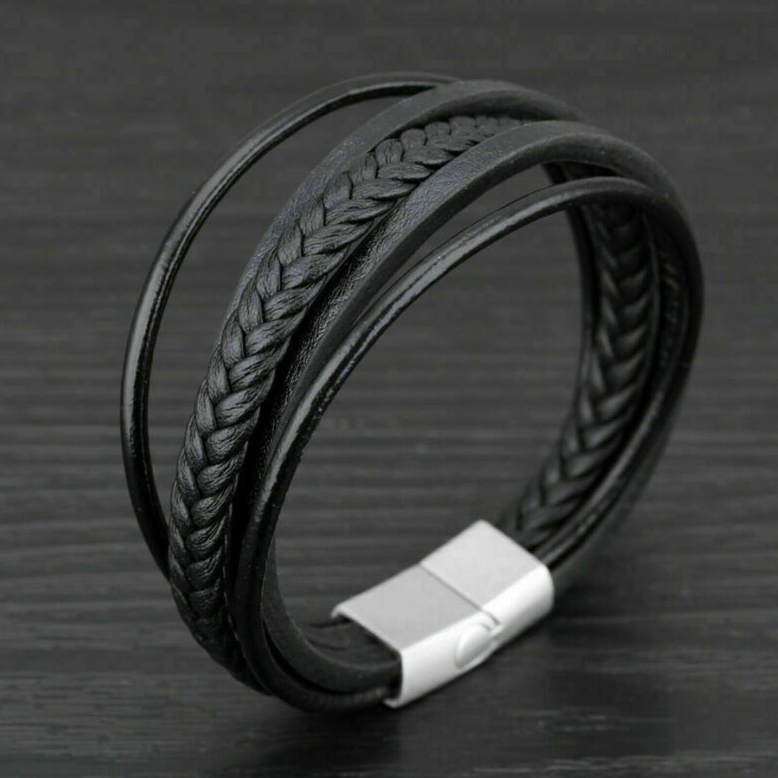 Men's Women's Wheat Leather Bracelet Polish Stainless Steel Buckle Bangle Cuff