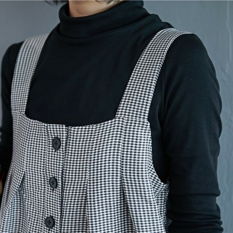 Womens Plaid Baggy Dungarees Overalls Jumpsuit Pockets Loose Romper Pants Casual