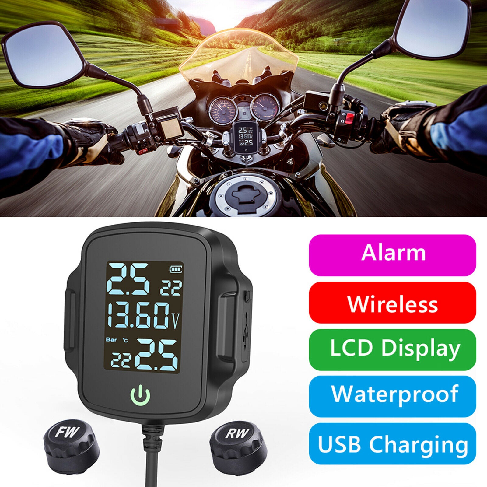 Motorcycle TPMS Tire Pressure Monitoring System Warning Wireless USB Charger