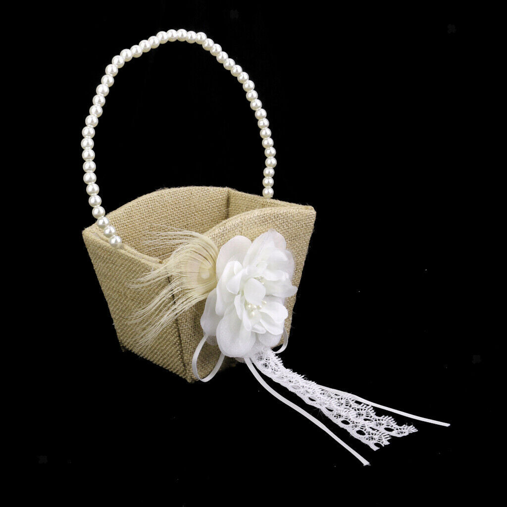 Wedding Burlap Flower Girl Basket With White Flower Beads Deco