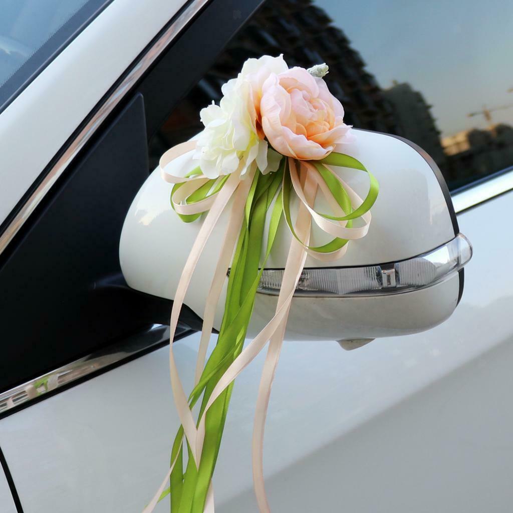 2pcs Bridal Car Artificial Flower Bows with Ribbon for Wedding Car Mirror Chair