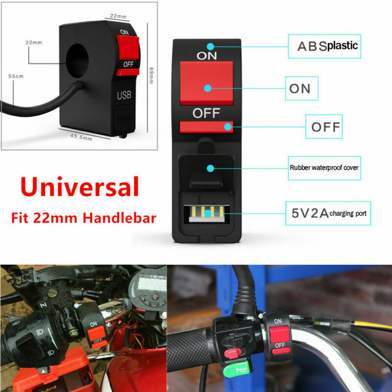 Multi-function Motorcycle 7/8" Handlebar Flashing Switch w/ 2A USB Phone Charger