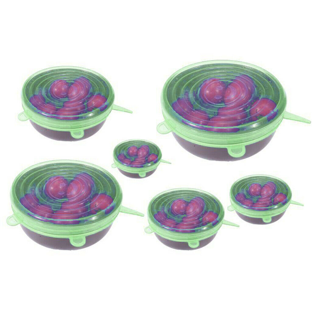 6pcs Silicone Wraps Seal Bowl Covers Food Storage Stretch Lids Green Round