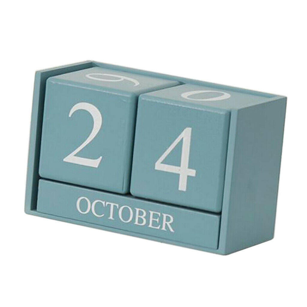 Wooden Perpetual Calendar Desktop Block Wood Calendar for Home Office Blue