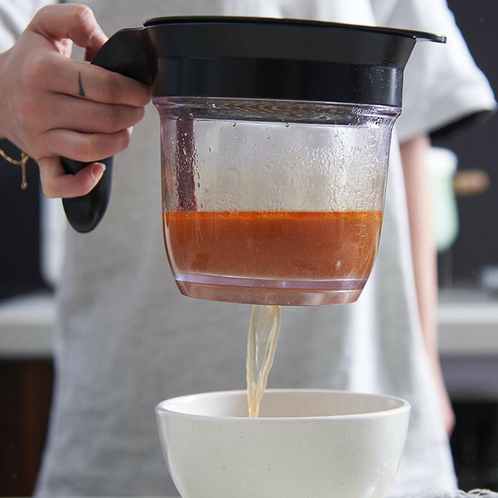 1L Oil Filter Pot Soup Cooking Grease Strainer Separator Kitchen