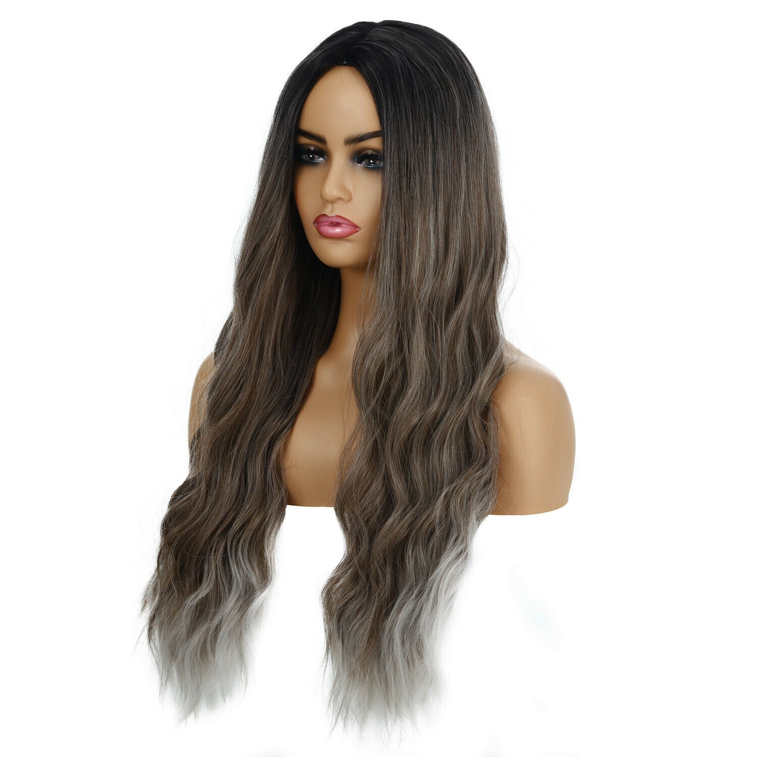 Generic Ladies Wavy Curly Hair Wig Gradient Long Curly Hair Wig Gray Brown