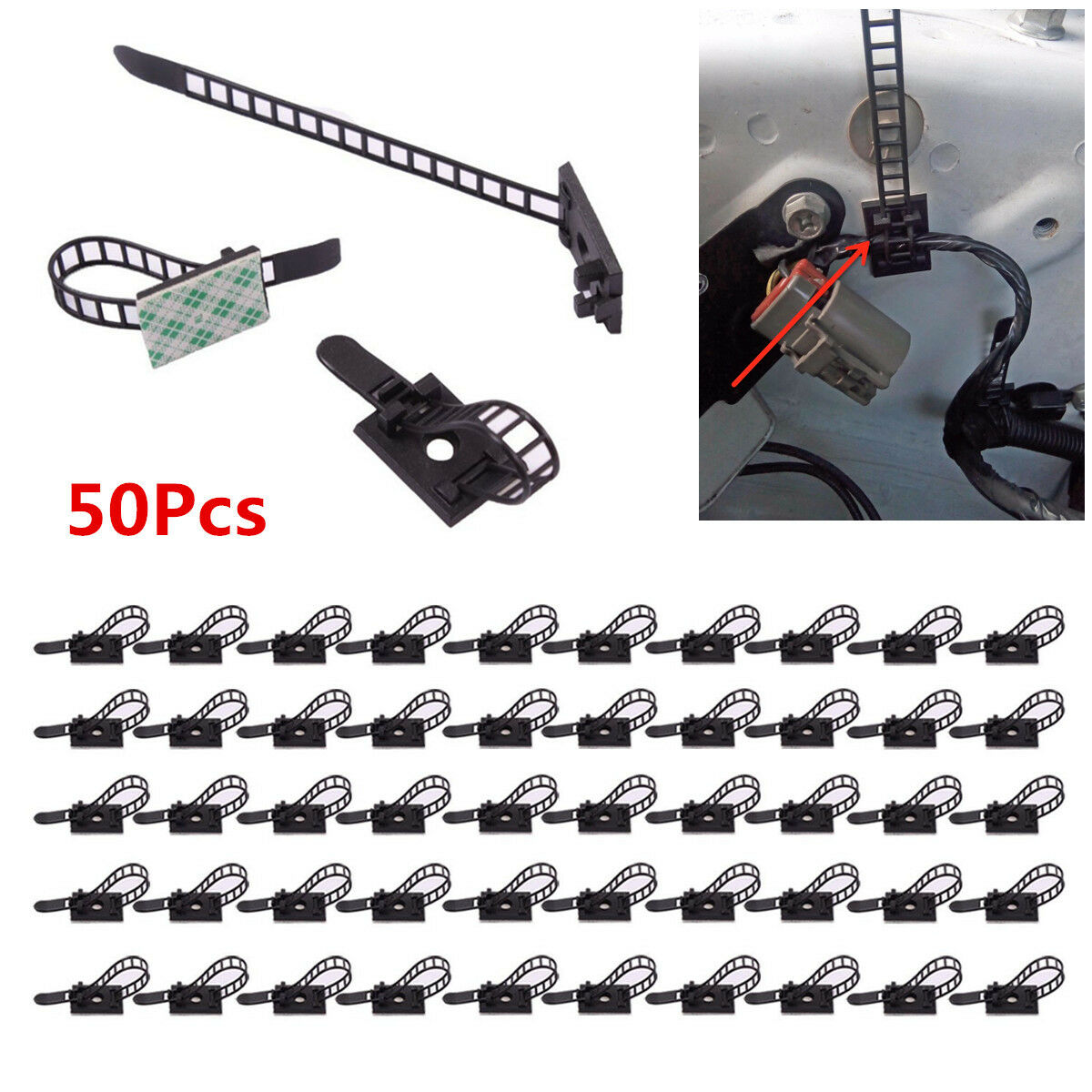 50pc Self-Adhesive Adjustable Car Cable Wire Clips Clamp Fastens Fixed Organizer