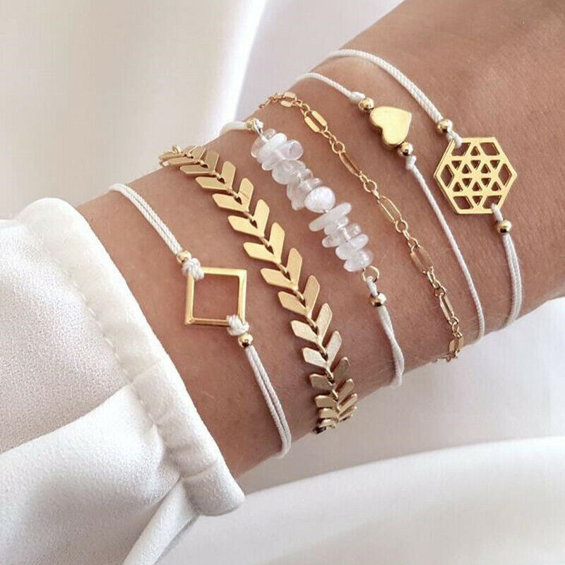 6pcs Handmade beaded polygon Women Tassels Leaves Circular Chains Bangle .l8