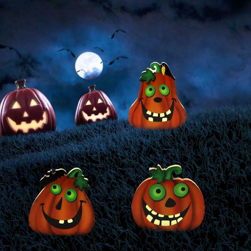 3Pcs Halloween Wooden Table Decor Cartoon Spooky Pumpkin Sign Desktop Ornament