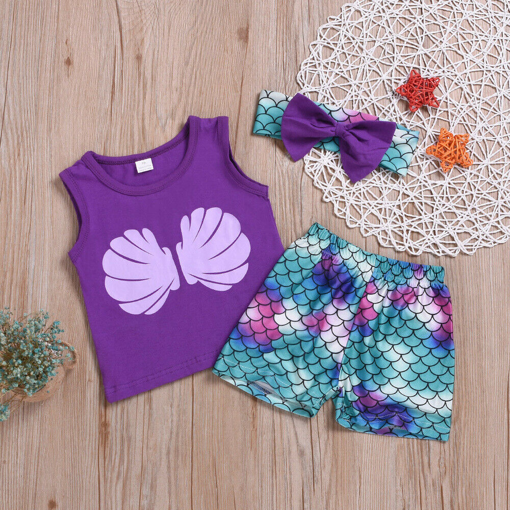 Baby Girl Clothes Mermaid Tank Top + Shorts Pants + Headband Outfit Summer Set