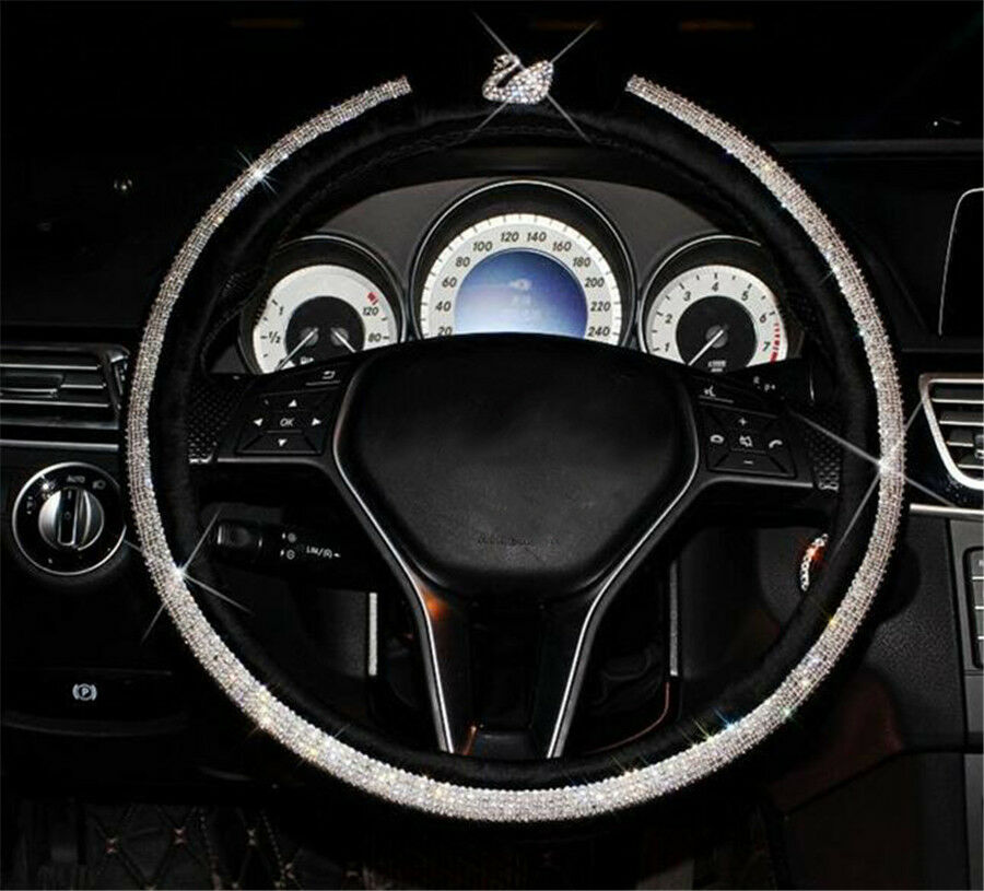 Luxury Lady Shiny Swan Rhinestone Black Leather Car Steering Wheel Cover 15"38cm