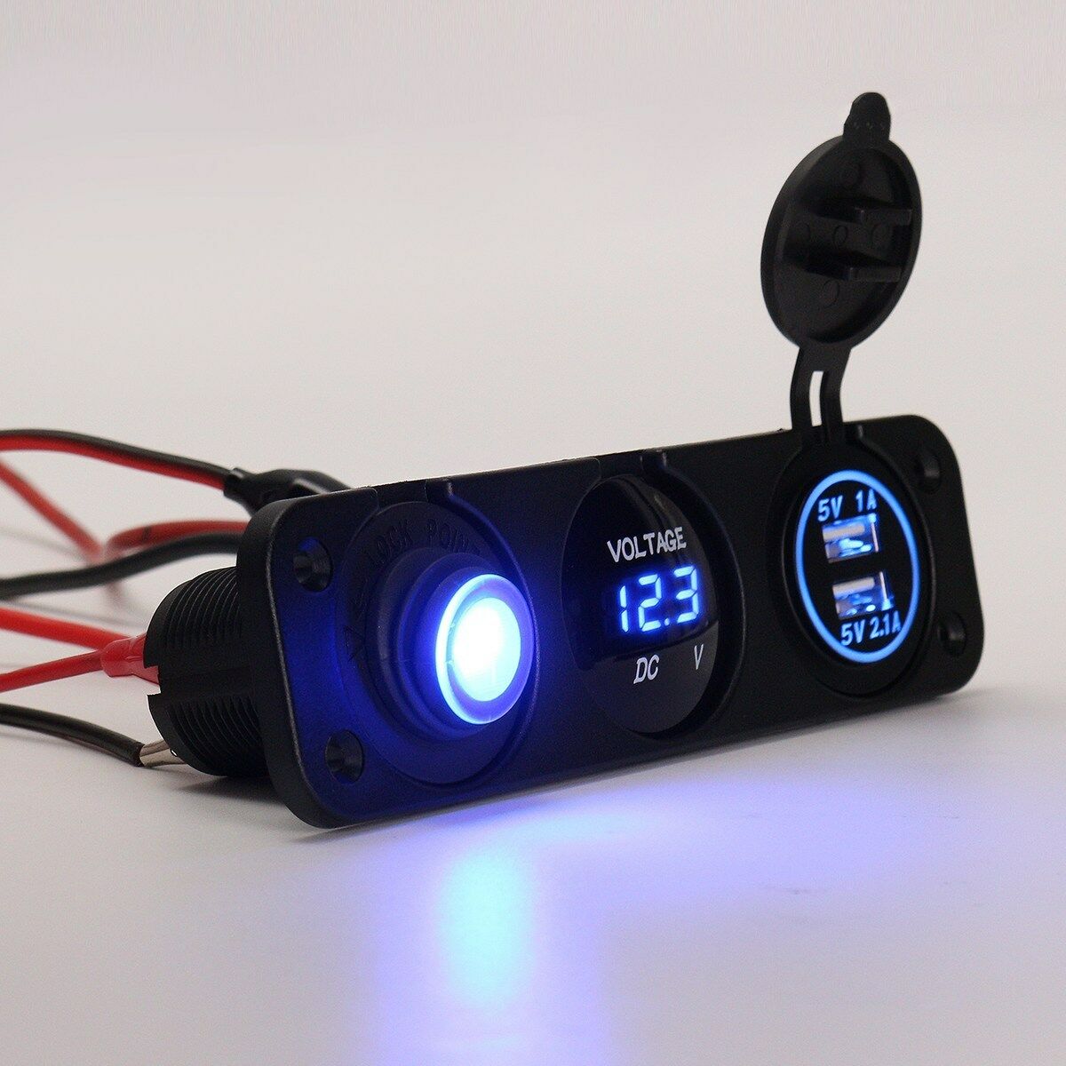 Car Rocker Switch Panel with Blue LED Voltmeter USB Charger Cigarette Lighter