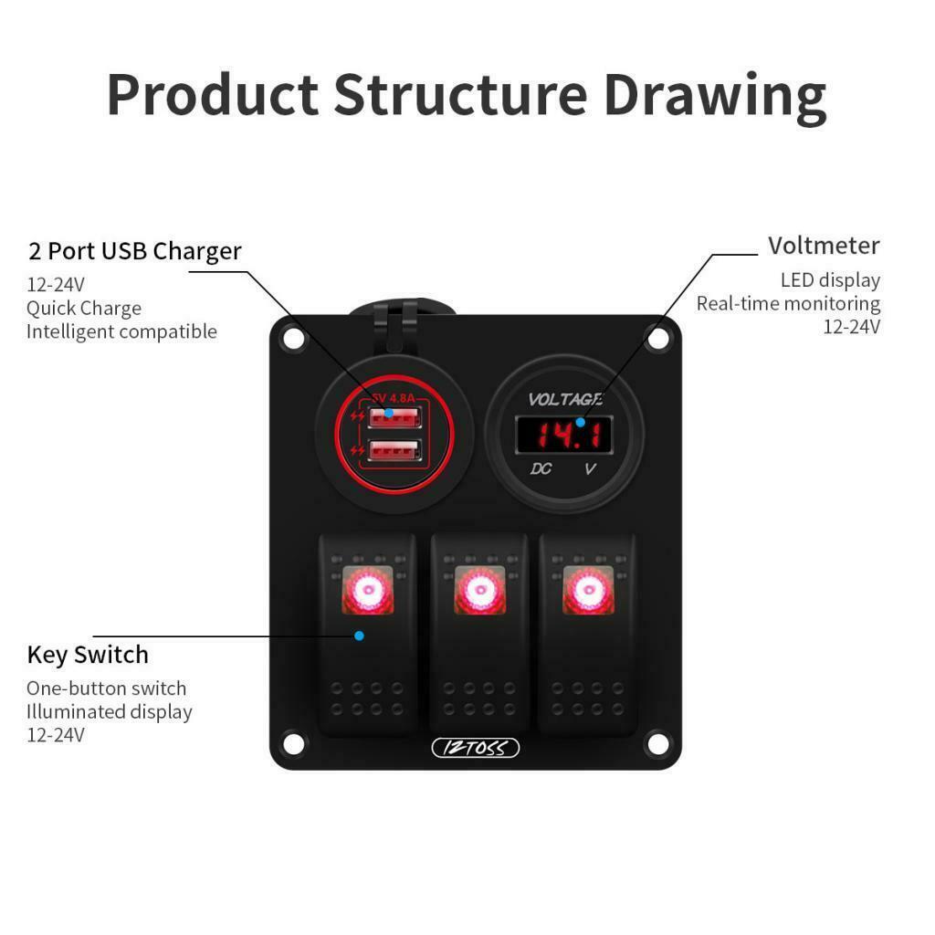 3 Gang Switch Panel with LED Digital Voltmeter USB Charger Waterproof Blue