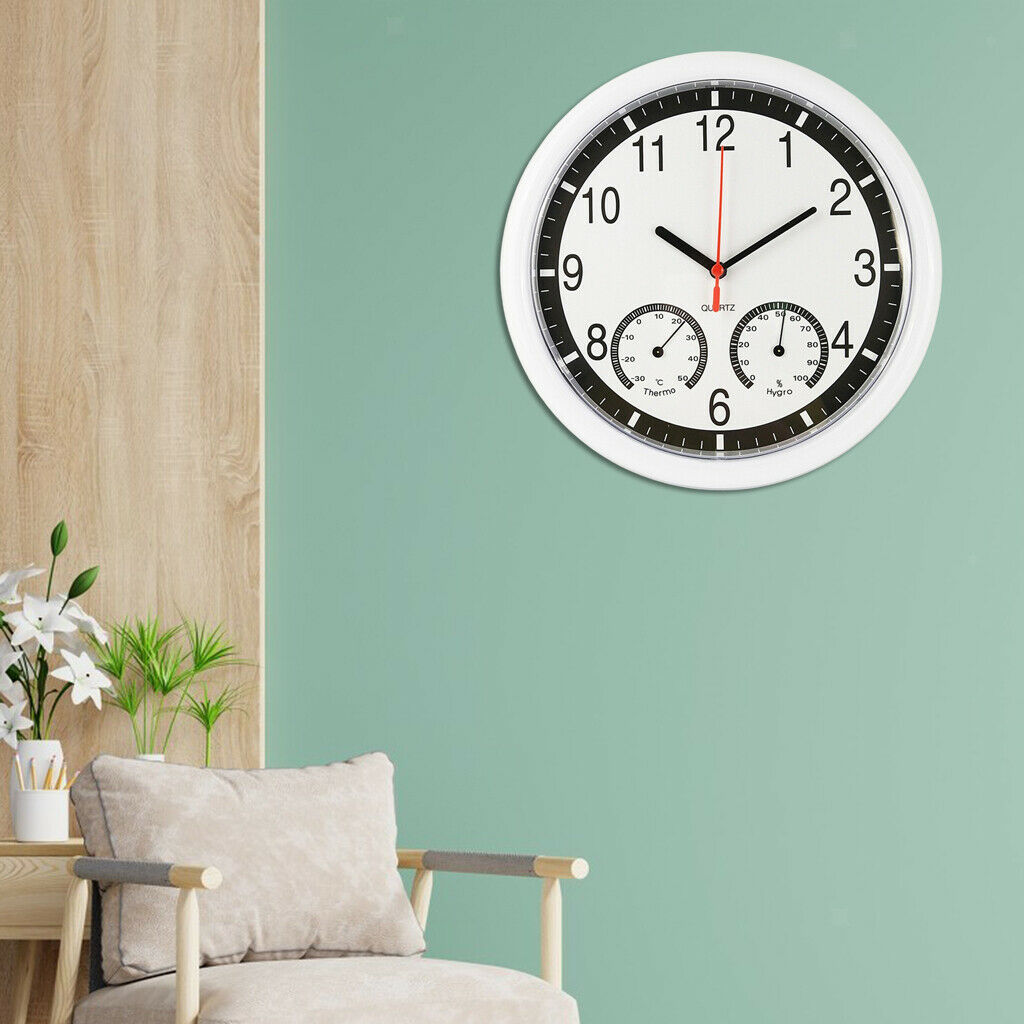 Quartz Wall Clock Temperature Humidity Display Modern Decorative for Home White