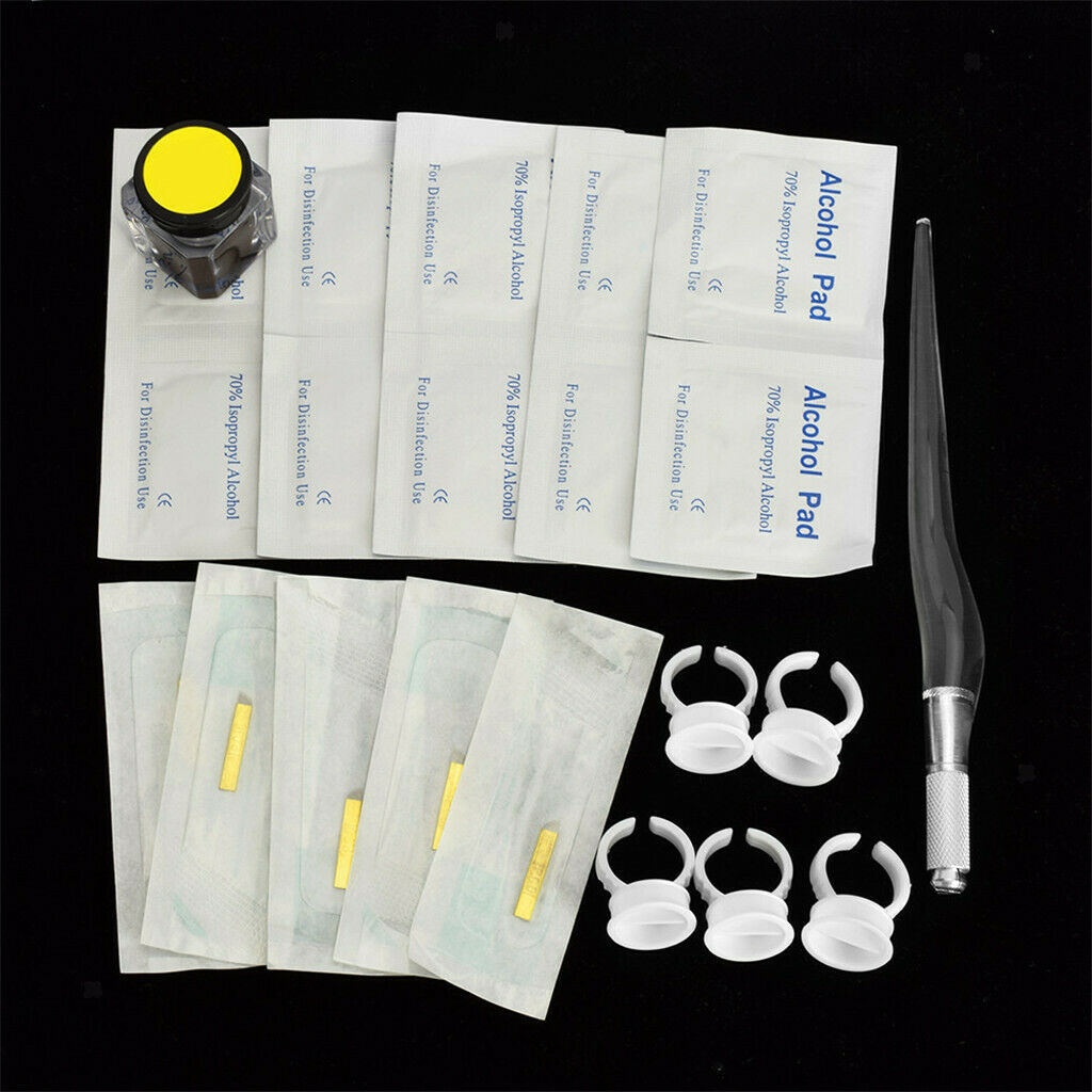 Permanent Makeup Kit Tattoo Pen Needles Pigment Ink Holder Finger Rings Caps