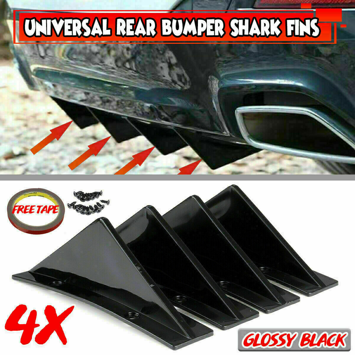 4 Set Universal Rear Bumper Diffuser Spoiler Splitter Shark Fin Trim Cap Covers.