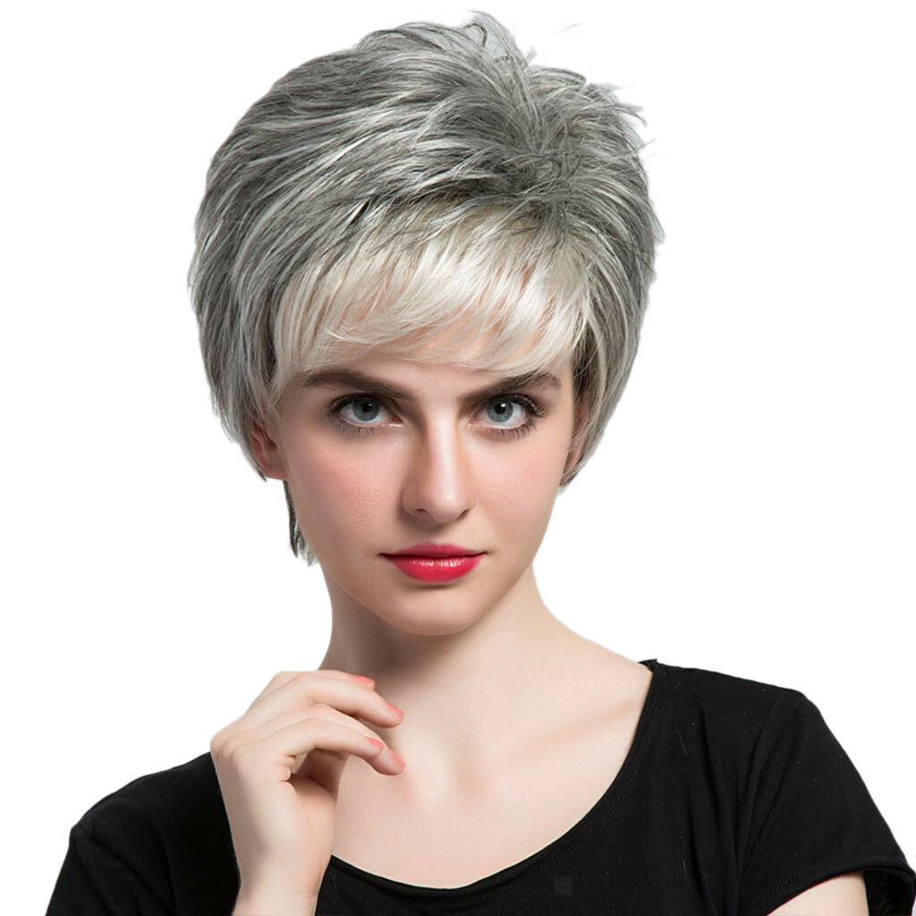 Women 100% Real Human Hair Wigs Heat Short Layered Resistant Gray + White