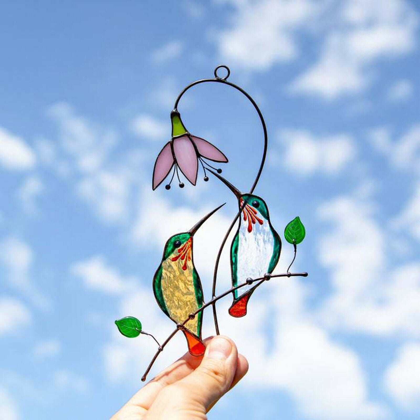 Colorful Hummingbird Stained Glass Hanging Birds Suncatcher Outdoor 7"x5.5"