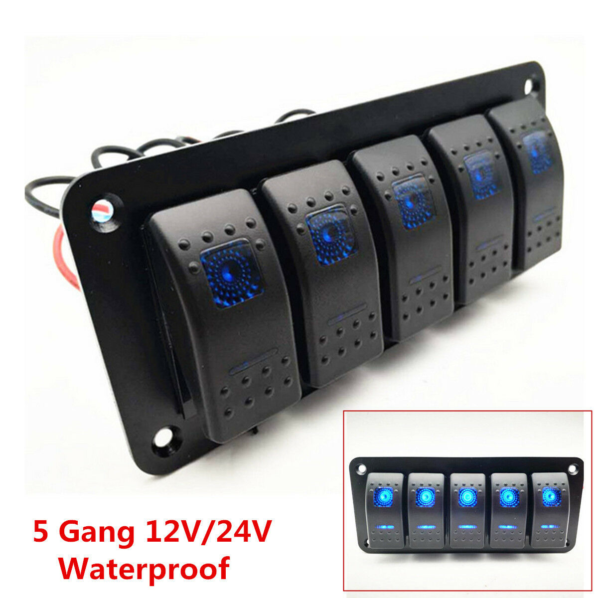 12V/24V 5Gang On/Off Rocker Switch Panel Dual LED Light Car RV Marine Boat Truck
