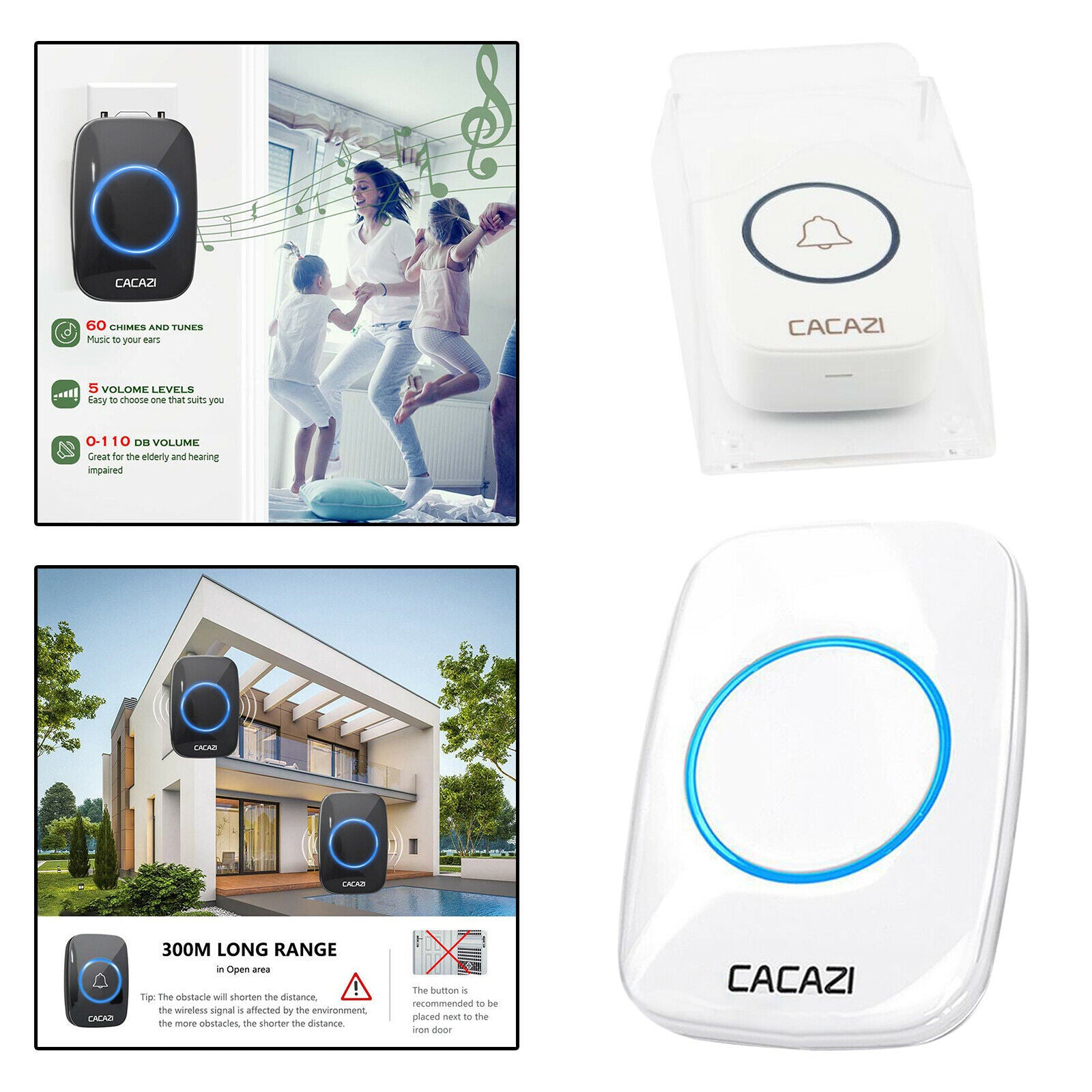 Wireless Door Bell Transmitter &Receiver Kit Waterproof 300M Range UK White