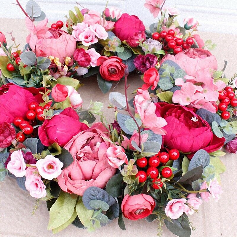 Decorative Door Wreath,Silk Flower Peony Head Flower Wreath 40cm Handmade GarlP3