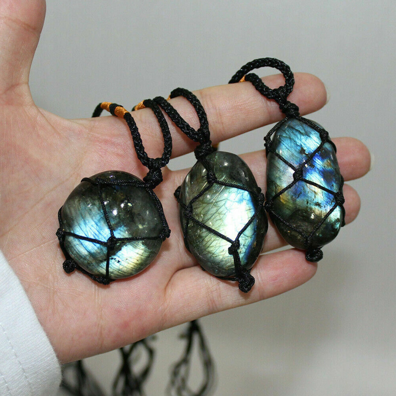 Wrap Women Mens Necklace Natural Stone Labradorite Pendant Crystal Moonstone