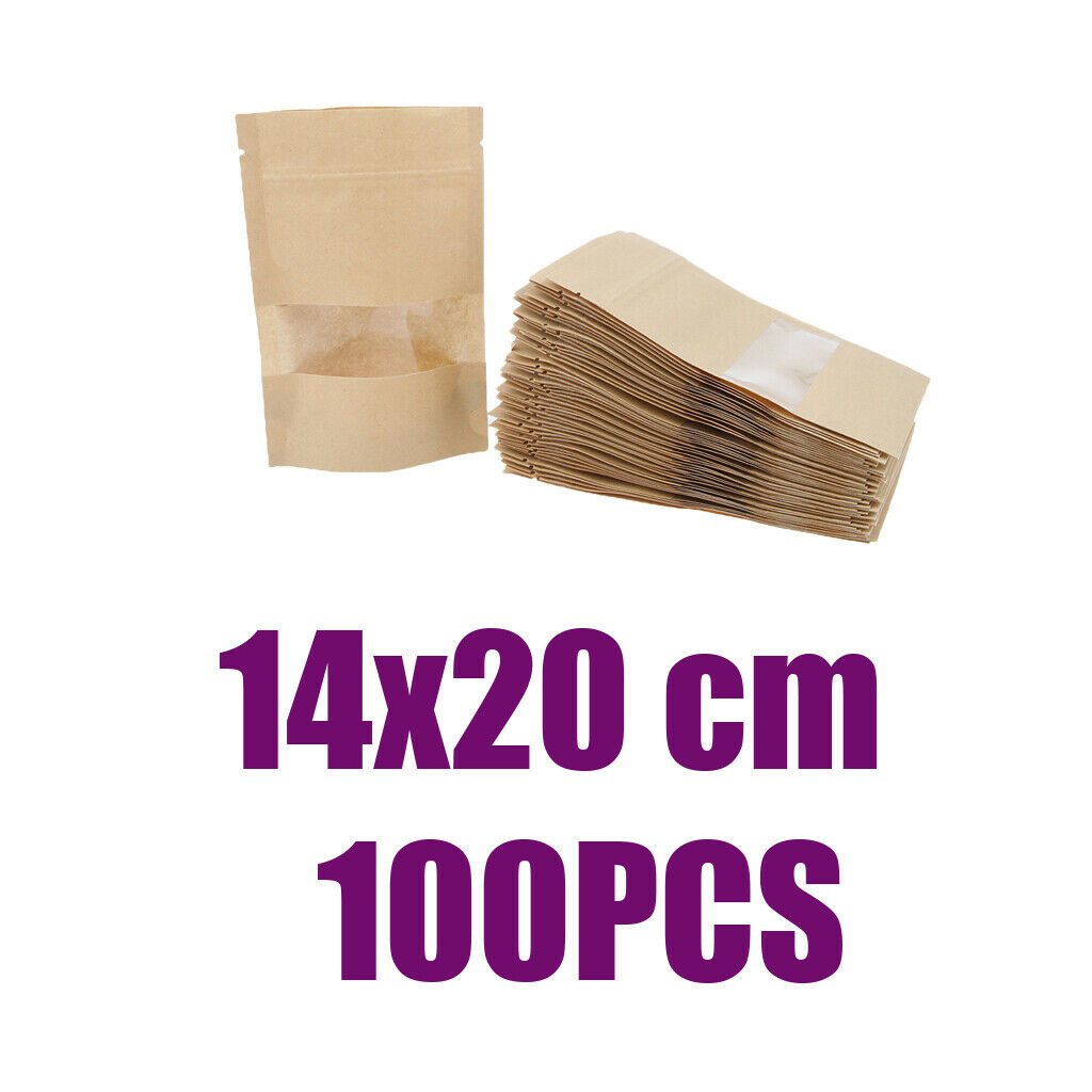 100x Stand Up Zipper Lock Brown Kraft Paper Bag With