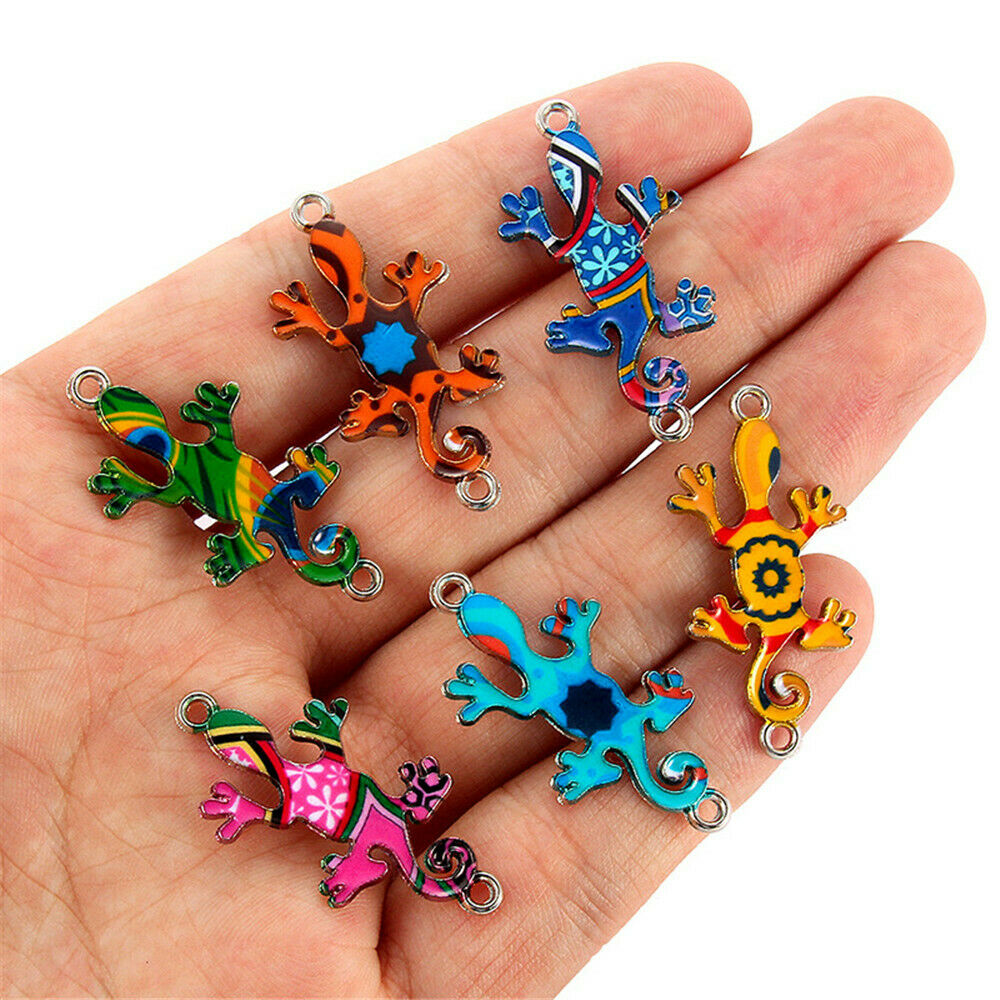 10 Mix Gecko Enamel Charm Alloy Reptile Animal Pendant Jewelry Dangle 35*17mm