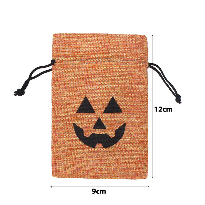 5Pcs 9*12cm Halloween Drawstring Burlap Jute Bags Pumpkin Candy Storage B EA FT