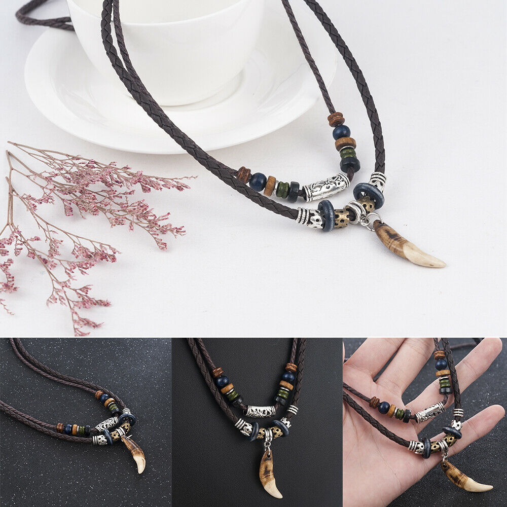 Men's Boho Amulet Wolf Tooth Pendant Beaded Weaved Rope Necklace Jewelry Gift
