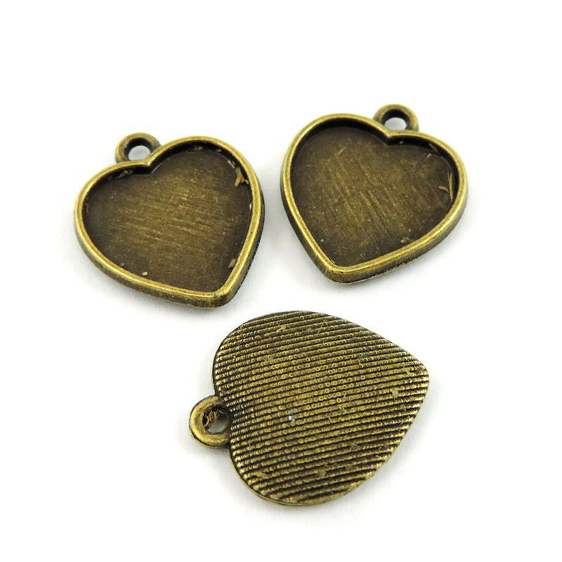 25 pcs Antiqued Bronze Alloy Blanks Heart Bazel Frame Pendant Tray Charm 14mm