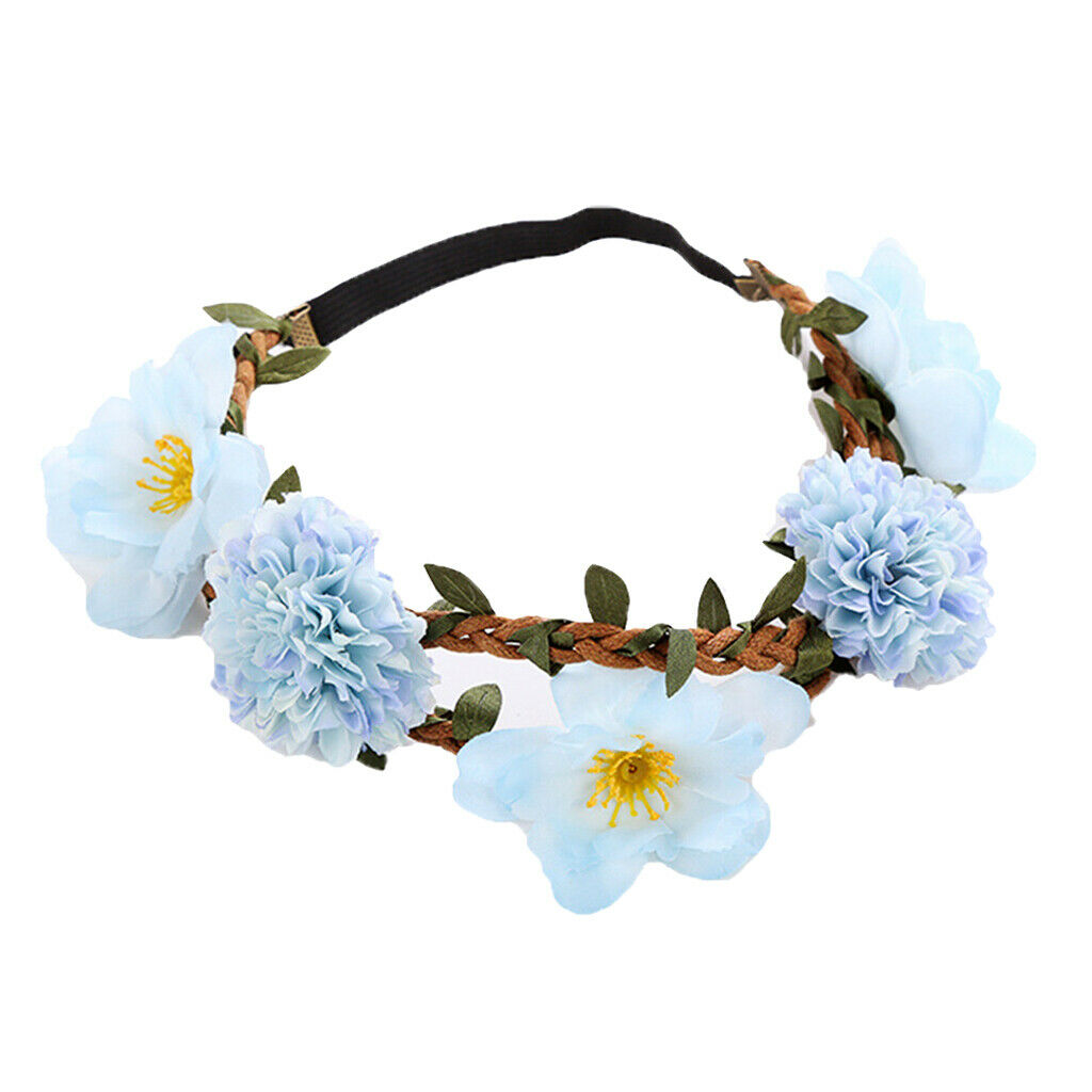 Sweet Baby Blue Flower Leaf Garland Hairband Bridal Wreath Elastic Headband
